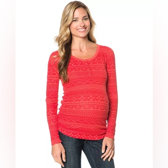 MOTHERHOOD MATERNITY Fair-Isle Waffle-Knit Red Henley Top Size Medium - Picture 1 of 6